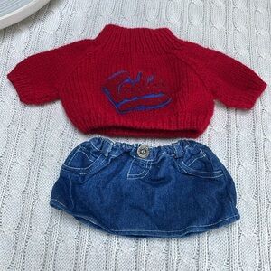 Build a Bear denim skirt & red knit Teddy sweater pocket detail/button on skirt